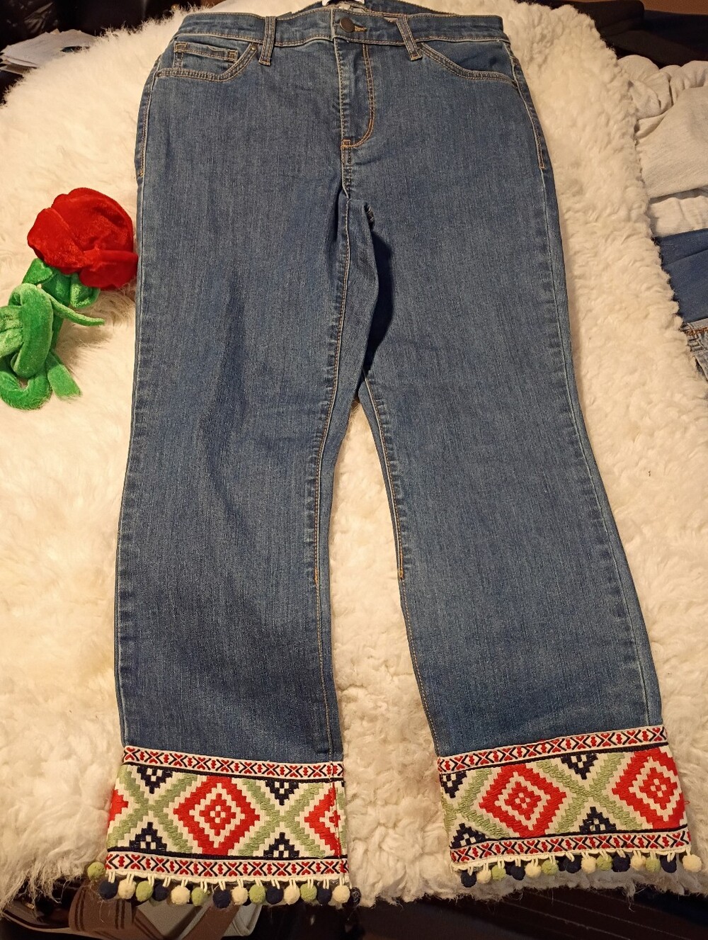 Crown & Ivy Women’s Blue Denim Jeans with Embroidered Pom-Pom Cuffs